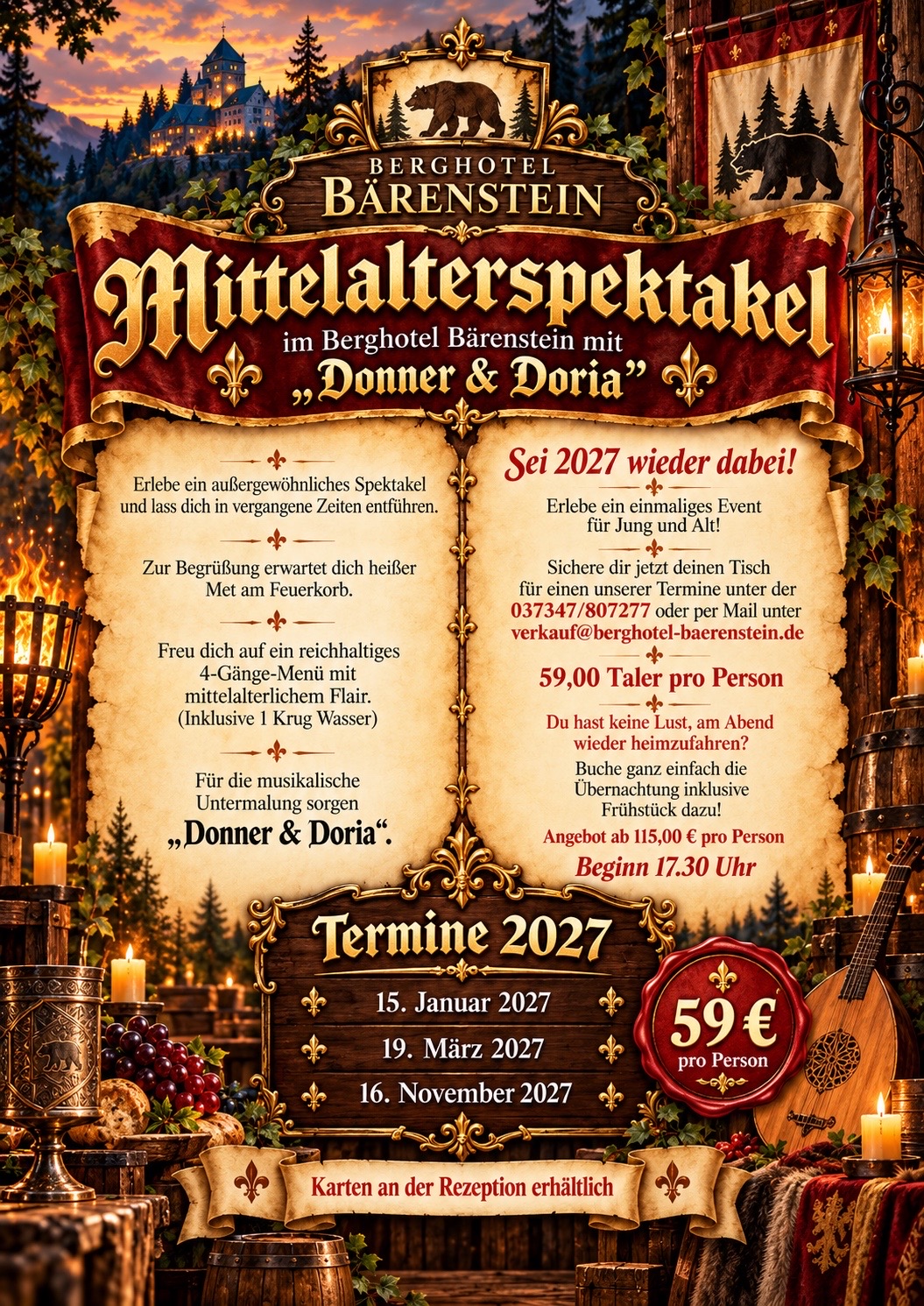 Mittelalterspektakel 2027mit Donner und Doria im Berghotel Bärenstein - Termine am 15. Januar , 19. März und 16. November 2027